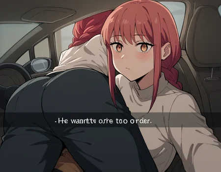 score_9, score_8_up, score_7_up, source_anime, <lora:chainsaw-man-makima-s1-ponyxl-lora-nochekaiser:1> makima, long hair, bangs, braid, red hair, braided ponytail, medium breasts,, <lora:he-wants-to-order-ponyxl-lora-nochekaiser:1> he wants to order, he wants to order (meme), drive-thru, snapchat, side-view mirror, car interior, car seat, steering wheel, car interior, three quarter view, lying on person, selfie, 1boy, ass, pants,, blush,,