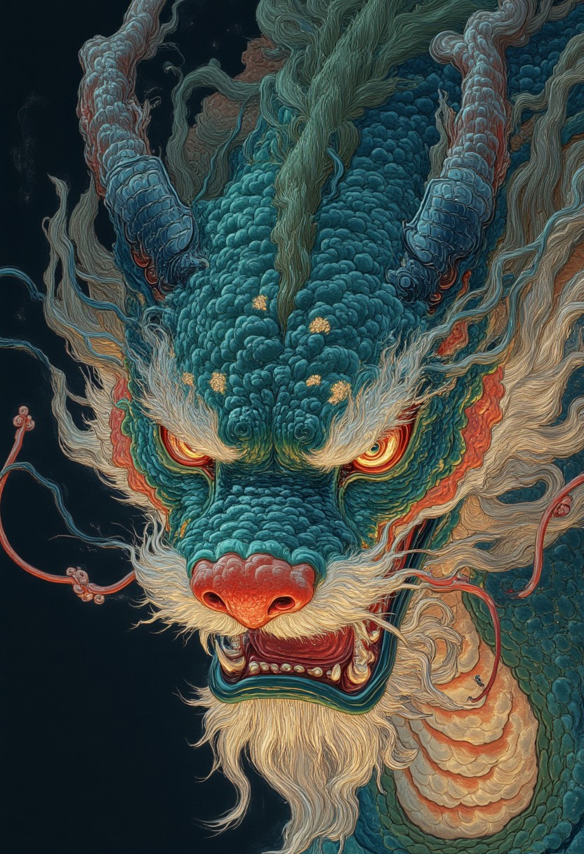 Glitching face by woke media, Asian dragon , blue, green snake