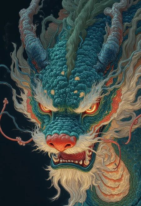 Glitching face by woke media, Asian dragon , blue, green snake