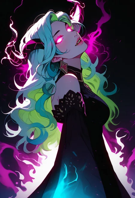 view from below, score_9, score_8_up, semi-realistic, fantasy style, 1girl, (very pretty woman), innocent sinister, dark pink purple cyan wild hair, (glowing neon white eyes), purple skin, bare shoulders, exquisite black lace intricate gilded robe, epic horns, flat expression, parted lips, fangs, dragon priestess, demonette, medium breasts, looking at viewer, tilted head, beautiful, twisted, feminine, dynamic, (swirling corrupted magic energy), shaft head tilt, (full body shot), pink purple cyan, energy, magic, intense, epic, masterpiece, beautiful, terrifying, magic aura, villainous,