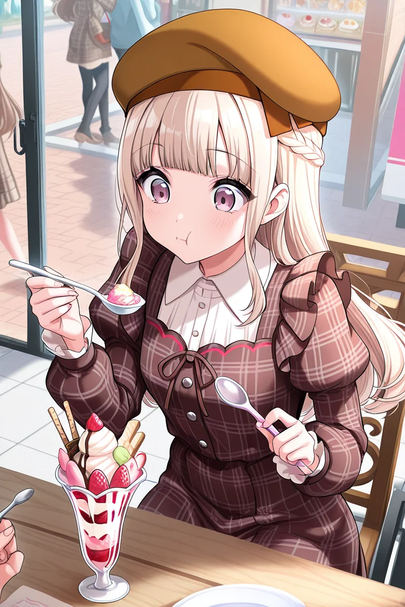 masterpiece, best quality, amazing quality,
<lora:Kurumi_IL:1> kurumi, hat, 1girl, solo, brown headwear, brown dress, dress, long hair, braid, beret, plaid dress, holding, solo focus, food, bangs, long sleeves, ice cream, puffy sleeves, spoon, parfait, casual