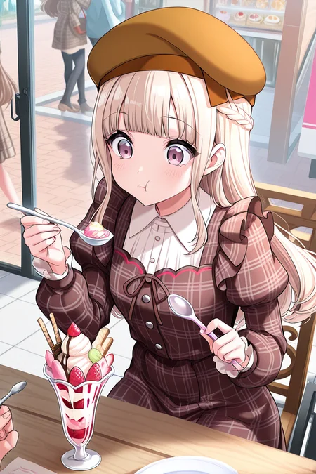 masterpiece, best quality, amazing quality,
<lora:Kurumi_IL:1> kurumi, hat, 1girl, solo, brown headwear, brown dress, dress, long hair, braid, beret, plaid dress, holding, solo focus, food, bangs, long sleeves, ice cream, puffy sleeves, spoon, parfait, casual