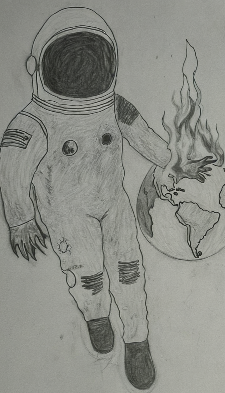 space man on fire infront of a globe  <lora:DD-Drawing-XL:1> black, and, white, drawing