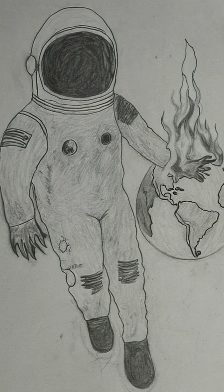 space man on fire infront of a globe <lora:DD-Drawing-XL:1> black, and, white, drawing