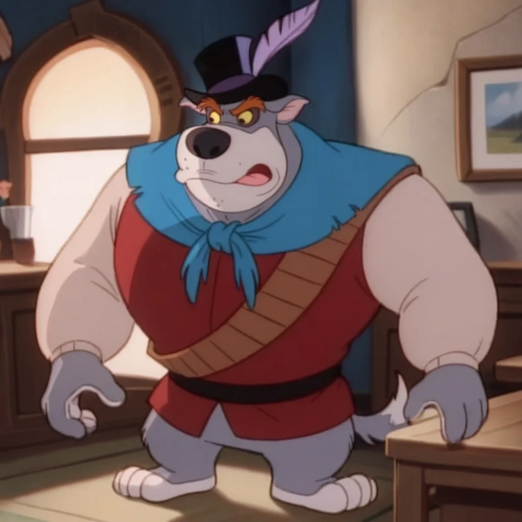 score_9, score_8_up, score_7_up, dumptruck, male, furry male, anthro, solo, dog, grey fur, yellow sclera, black eyes, brown eyebrows, grey muzzle, black nose, feathered top hat, blue ascot, red tunic, white sleeves, standing, worried, furrowed brow, indoors, living room
