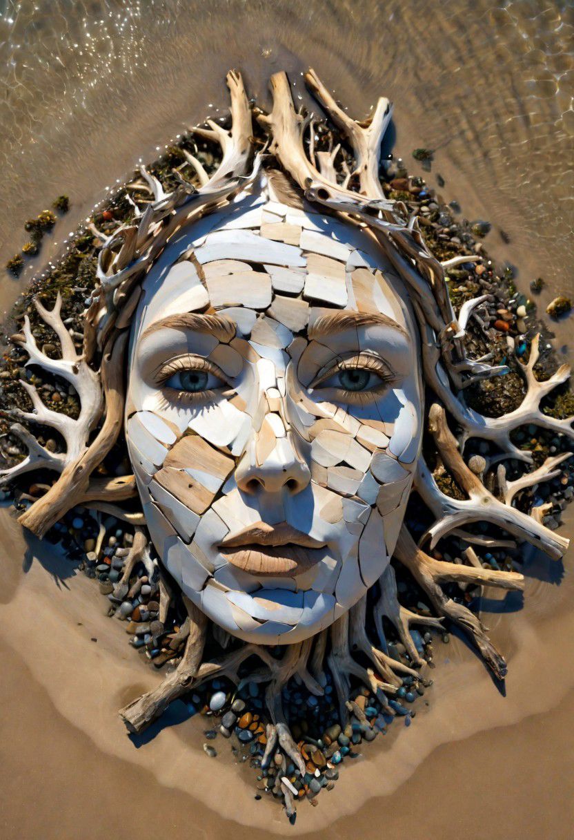 (drift wood washes up on the shore, all the tiny parts of drift wood form together to create a perfect womans face on the shore), abstract, 3d render, strong, insanely intricate details, (masterpiece), breathtaking natures art work