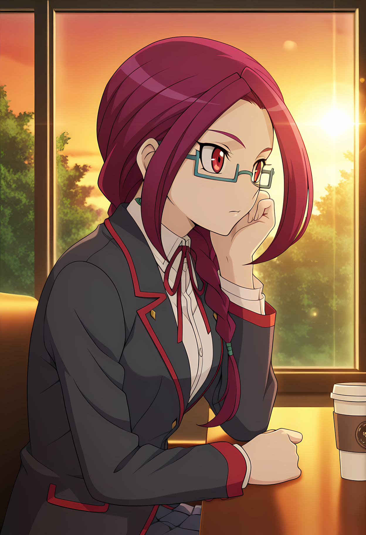 masterpiece,best quality,amazing quality,

1girl, solo, face focus,

Maki Nagashiro (Cardfight Vanguard), purple hair, long hair, single braid, red eyes, glasses, semi-rimless eyewear, school uniform, jewelry, earrings,  neck ribbon, white shirt, blazer, long sleeves, pleated skirt,  white socks, shoes, black footwear,

cinematic, upper body, drinking coffee cup, 

Sit, sitting, glass, cafe, greenery, 

afternoon, sunset, 

Lens flare, bloom,

Official style, anime screencap, anime coloring,
















