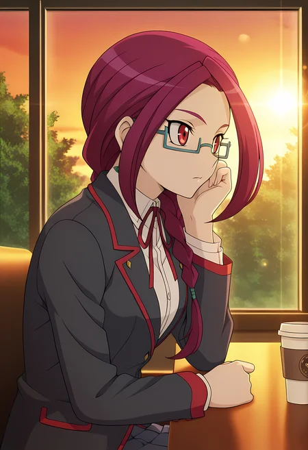 masterpiece,best quality,amazing quality,
1girl, solo, face focus,
Maki Nagashiro (Cardfight Vanguard), purple hair, long hair, single braid, red eyes, glasses, semi-rimless eyewear, school uniform, jewelry, earrings, neck ribbon, white shirt, blazer, long sleeves, pleated skirt, white socks, shoes, black footwear,
cinematic, upper body, drinking coffee cup,
Sit, sitting, glass, cafe, greenery,
afternoon, sunset,
Lens flare, bloom,
Official style, anime screencap, anime coloring,