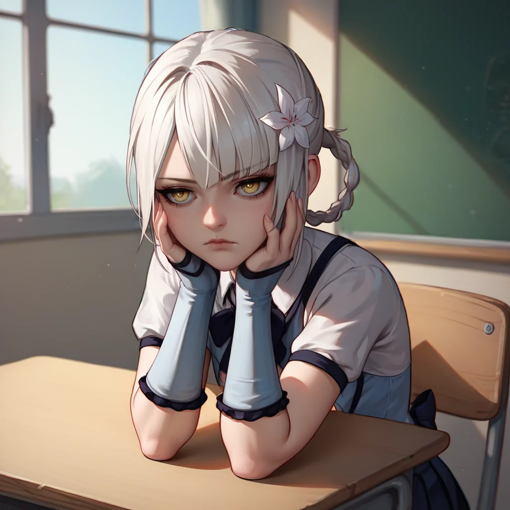 1girl,solo,<lora:epoch-000015:1>,nier-kaine,white hair,single hair ring,asymmetrical hair,hair flower,yellow eyes, school uniform,
indoors, classroom, school desk, window,
from side, sitting on desk, leaning forward, hands up, hands on own cheeks, bored, looking forward,, score_9, score_8_up, score_7_up, perfect anatomy, source_anime, zPDXL2,
