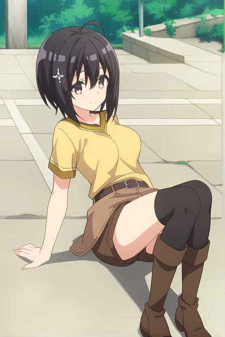 (yellow shirt born skirt brown shorts black thighhighs brown boots belt), bof-maple, black hair, hair ornament, medium breasts, 1girl, solo, skinny, feet, score_9, score_8, score_7, source_anime, lewd, outdoors, (1.3::full body|sitting|standing|lying|0.6::close-up| :1.20), <lora:bof-maple-V01-000004:0.90>