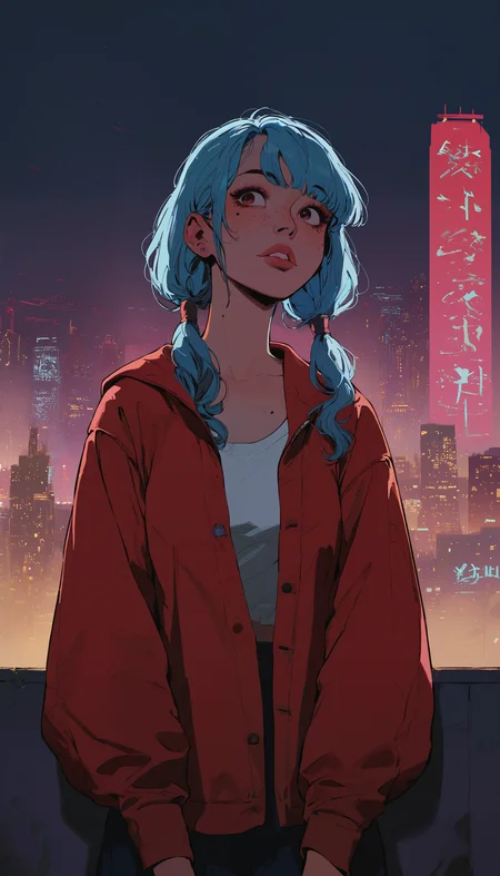 score_9, score_8_up, score_7_up,
1girl, 20 years old ,
cute, freckles , beauty mark , medium breasts, sidelocks,
blue hair, twin tails, oversized red jacket, cityscape, (neon, vibrant), pink, blue, light shining through hair
<lora:D4rC0mXLP:1> D4rC0m
<lora:sinfully_stylish_SDKL:0.8>
<lora:incase_v14:0.5>