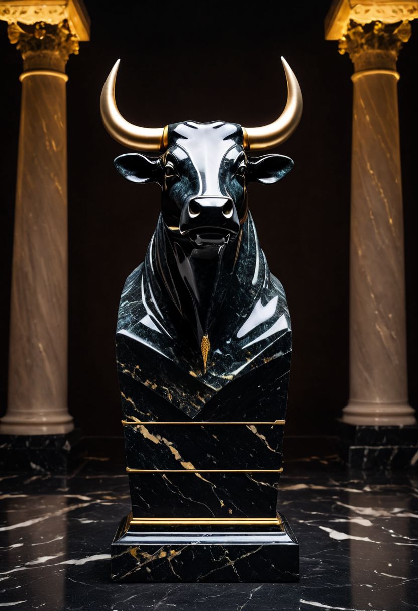 Fujifilm XT3, Sony A7 IV, (award winning photography) a (black: 0.79) marble simple (anthropomorphic bull) bust statue made of opal (Kintsugi: 0.89) set on a pedestal in temple, glistening. in the background beautiful pillars, divine (iridescent: 0.79), opalescent textures, volumetric light, ethereal, sparkling, studio photo, highly detailed, sharp focus (highest quality: 1.39) (highest coherency: 1.39) (award winning photography), highly detailed photography, (muted colors, cinematic, dim colors, soothing tones:1.2), vibrant, insanely detailed, hyperdetailed, (dark shot:1.2), (vsco:0.3), (intricate details:0.9), (hdr, hyperdetailed:1.2) (vignette), sss, raw photo, fijifilm, kodak, cinematic film grain, mesopotamian, babylonian