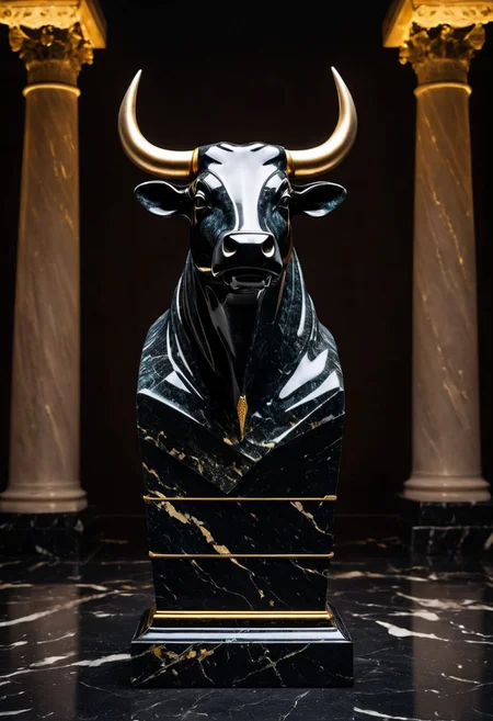 Fujifilm XT3, Sony A7 IV, (award winning photography) a (black: 0.79) marble simple (anthropomorphic bull) bust statue made of opal (Kintsugi: 0.89) set on a pedestal in temple, glistening. in the background beautiful pillars, divine (iridescent: 0.79), opalescent textures, volumetric light, ethereal, sparkling, studio photo, highly detailed, sharp focus (highest quality: 1.39) (highest coherency: 1.39) (award winning photography), highly detailed photography, (muted colors, cinematic, dim colors, soothing tones:1.2), vibrant, insanely detailed, hyperdetailed, (dark shot:1.2), (vsco:0.3), (intricate details:0.9), (hdr, hyperdetailed:1.2) (vignette), sss, raw photo, fijifilm, kodak, cinematic film grain, mesopotamian, babylonian