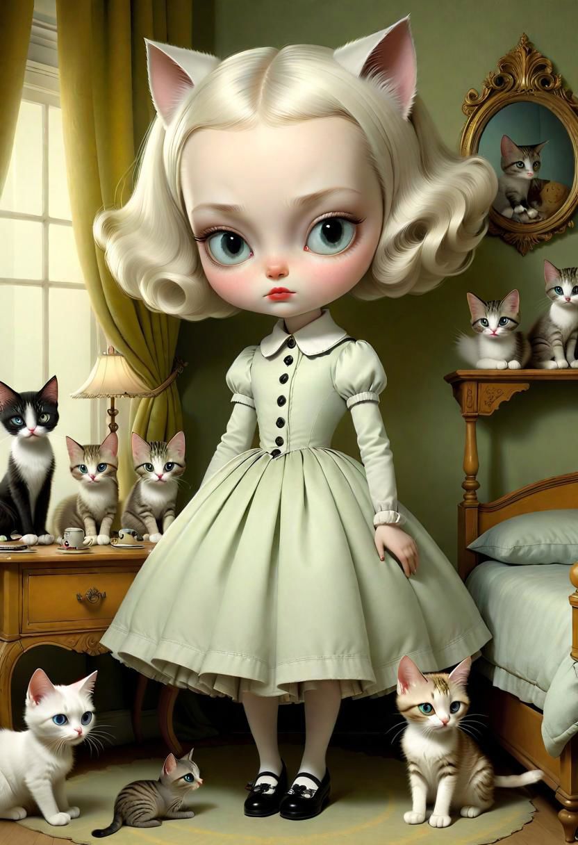Pop art style of a {beautiful little meek shy girl in a bedroom with cats around}, surrealism fantasy, detailed background, masterpice by (Ray Caesar:1.36), trending on artstation, best quality, 4k textures, ultra detailed