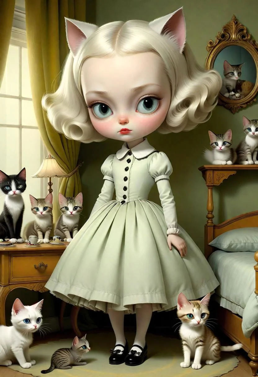Pop art style of a {beautiful little meek shy girl in a bedroom with cats around}, surrealism fantasy, detailed background, masterpice by (Ray Caesar:1.36), trending on artstation, best quality, 4k textures, ultra detailed