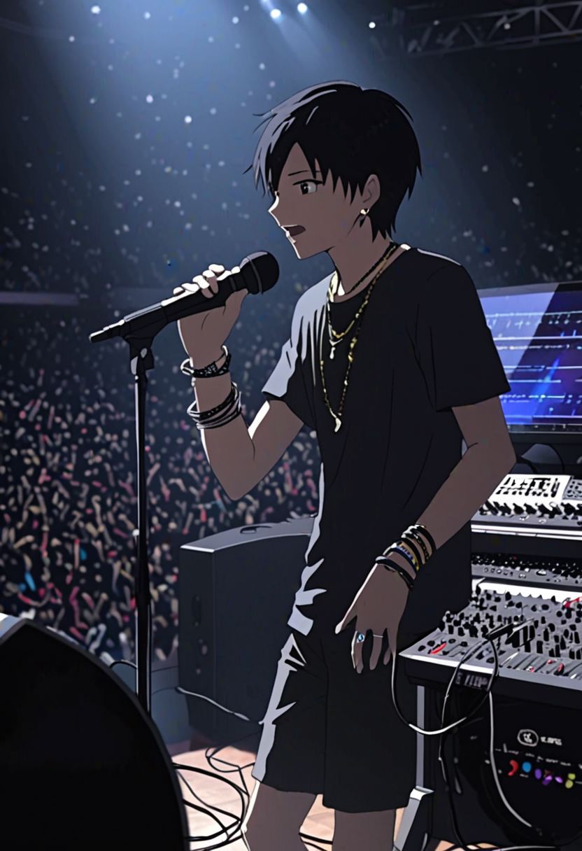 Highres, Masterpiece, High Quality, 4K, 8K, solo, 1Boy, Takaki Toono, adult, black hair, short hair, idol, singing, big stage, spotlight, virtual concert, microphone, cable, musical instrument, speaker, equalizer, synth, enthusiast, necklace, bracelet, ring, watch, anklet, earrings, easynegative, detailed_eye_model