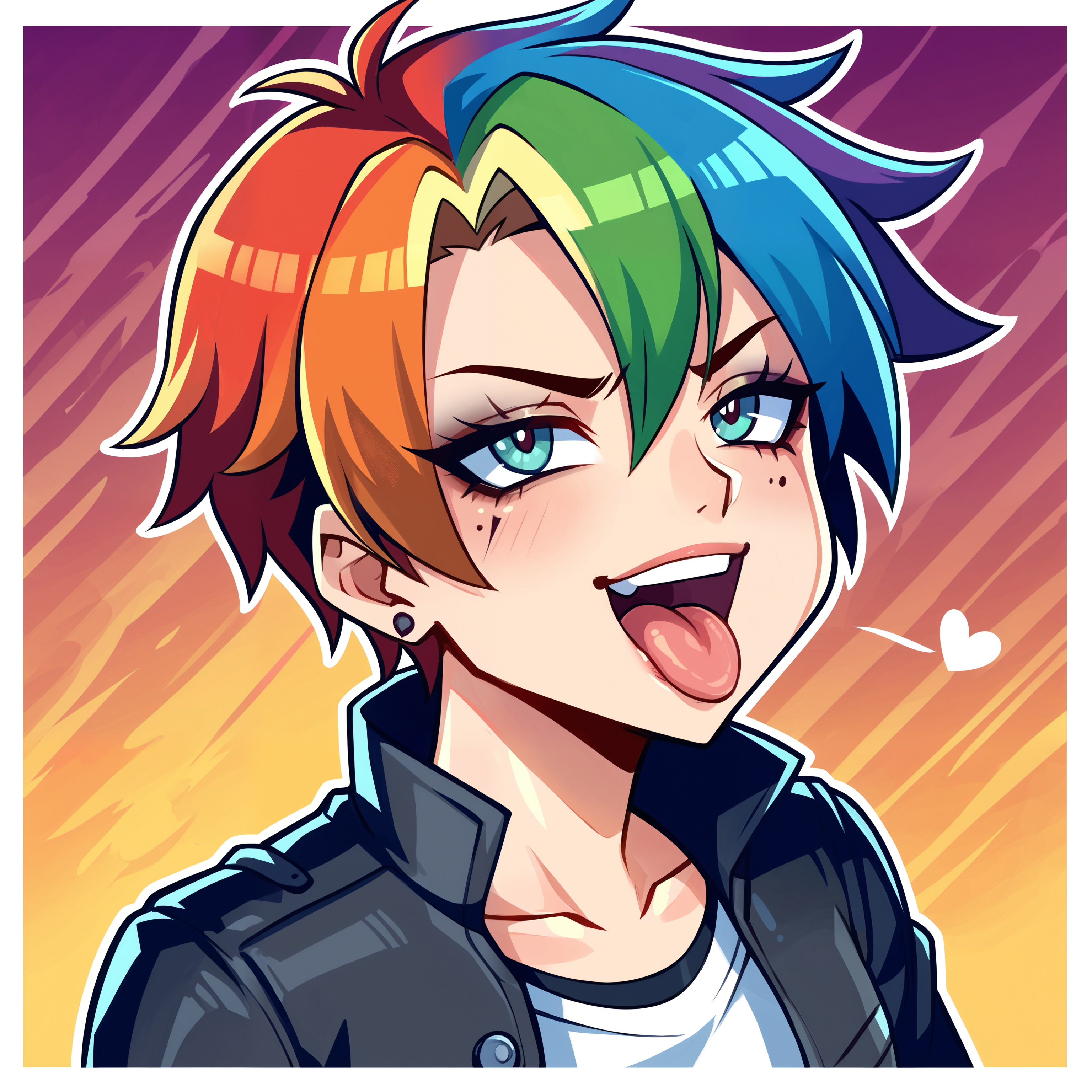 1girl, framed, rainbow_colored_hair, tomboy,  heavy_makeup, tongue_out, silly,   <lora:Alinalal_Style:1>    <lora:detailed_hands:1> <lora:HandFineTuning TOOL:1> <lora:add-detail-xl:3>   <lora:DetailedEyes_V3:1> <lora:detailed_notrigger:1>
