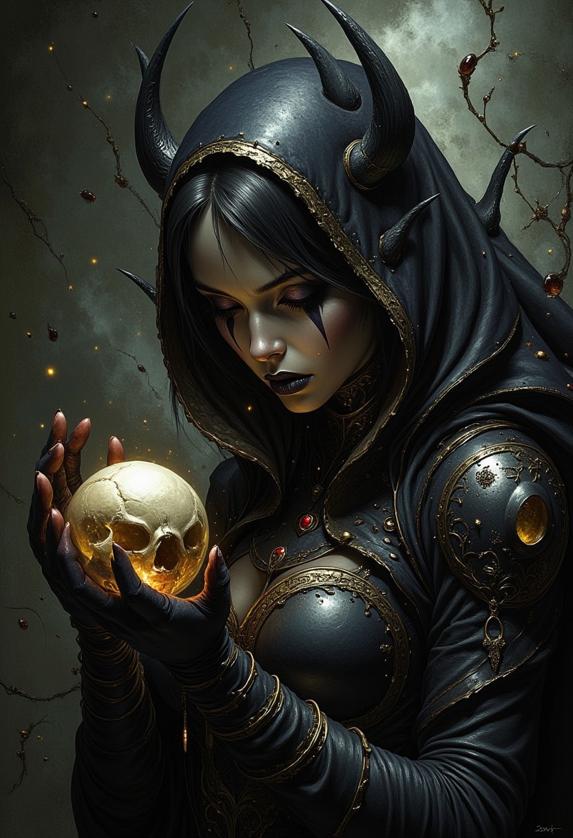 ArsMJStyle, dnddarkestfantasy, Dark Moody Atmosphere, Avant-garde, painting, evil, unsettling, best quality, masterpiece (Luis Royo style drawing), detailed face, face in sharp focus and intricate detail, extremely detailed, great lighting, BREAK, intricate details, Mystical light. Fog. female oriental necromancer mage, evil and mystical, with spiky robes that seem made of black cloth with golden stitches. a ball in one hand and mysterious beast skull in another hand, Rubies, symbolizing their magical power. Glow. alchemical laboratory, blending the natural with the magical, Soft natural lighting, High Definition HD, High Detail, Perfect Composition, dark fantasy movie