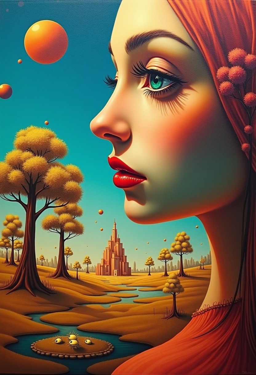 Surrealist masterpiece. Medium shot. A woman's profile in a fantastical landscape with levitating objects. Close up. Vibrant Salvador Dali-inspired oil painting with bold brushstrokes. Soft, melting buildings in the background. Trees with eyes. Warm golden light with an ethereal glow. Soft focus, dreamlike atmosphere, hyper-realistic, detailed textures, 128k resolution, best quality, oil on canvas, vibrant colors, eerie, mystical, abstract realism.