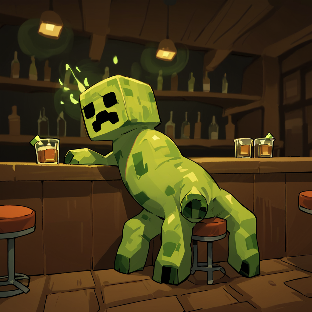 score_9, score_8_up, score_7_up, score_6_up, score_5_up, score_4_up, source_anime,  mcCreeper, minecraft, creature, bar, glowing aura, Boom