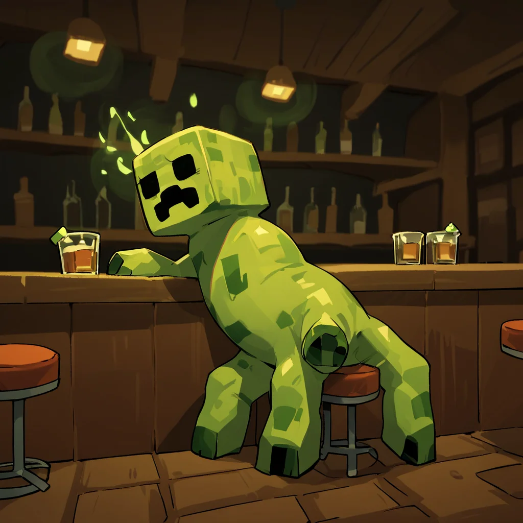 score_9, score_8_up, score_7_up, score_6_up, score_5_up, score_4_up, source_anime, mcCreeper, minecraft, creature, bar, glowing aura, Boom