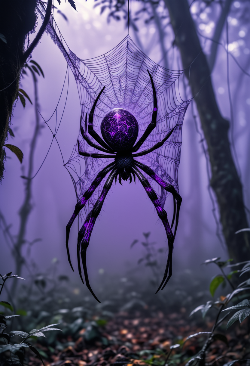 (medium full shot) of (eerie spider) with a purple patterned exoskeleton, large size, smooth legs , glowing web with geometric patterns, decorative web, located in  a dense forest, with thick webs hanging from branches, eerie shadows, and a foggy ambiance, during twilight, ,Masterpiece,best quality, raw photo, realistic, very aesthetic