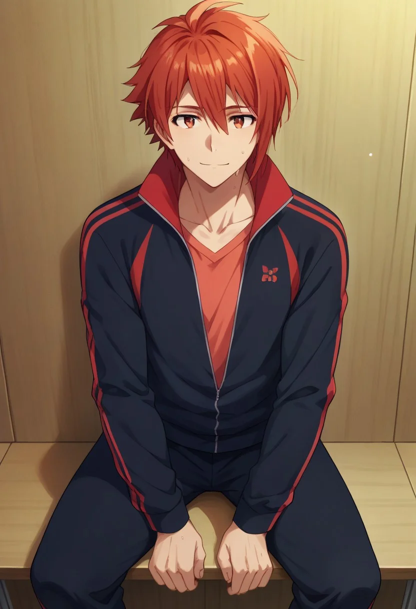score_9, score_8_up, score_7_up, source_anime, highly detailed,
rikunanase, 1boy, male focus, solo, jacket, smile, red hair, red eyes, track jacket,
pants, sweat, tired, hands on knee, bend,
indoor,