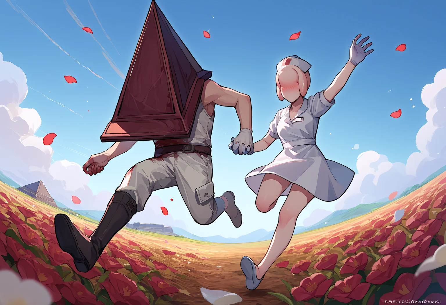 score_9, score_8_up, score_7_up, source_anime, 2girls, flower field, petals, running, jumping, holding hands, outstretched arms, arms up, sky, heart
BREAK <lora:ChamPyramidHeadPonyXL:0.85> 1boy, PyramidHead, helmet, white coat, sleeveless, blood on clothes, white pants, boots
BREAK <lora:silenthill2_bubbleheadnurse_ponyXL:0.85> bubbleheadnurse, monster girl, faceless female, no eyes, nurse cap, white dress, short dress, short sleeves, white gloves, blush