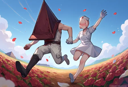 score_9, score_8_up, score_7_up, source_anime, 2girls, flower field, petals, running, jumping, holding hands, outstretched arms, arms up, sky, heart
BREAK <lora:ChamPyramidHeadPonyXL:0.85> 1boy, PyramidHead, helmet, white coat, sleeveless, blood on clothes, white pants, boots
BREAK <lora:silenthill2_bubbleheadnurse_ponyXL:0.85> bubbleheadnurse, monster girl, faceless female, no eyes, nurse cap, white dress, short dress, short sleeves, white gloves, blush