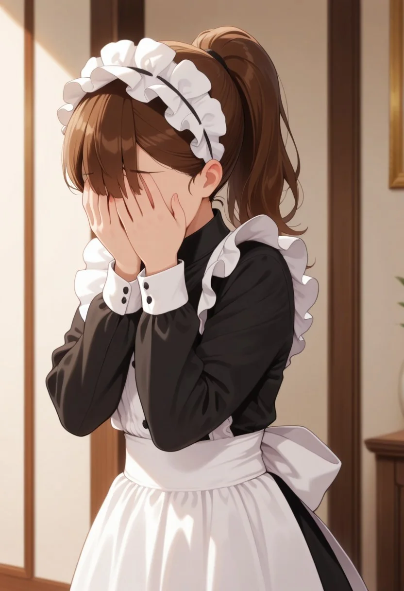 masterpiece,best quality,amazing quality, sylvia, brown hair, ponytail, 1girl, solo, maid, maid headdress, covering face, apron, long sleeves, frills