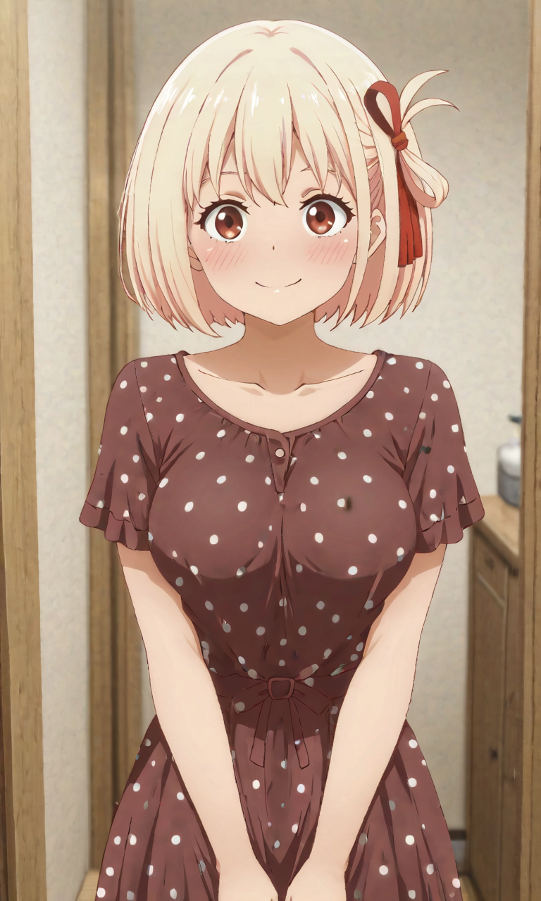 masterpiece, cute, lovely, (best quality:1.3), (amazing quality:1.3) ,very aesthetic, 1girl, solo, blush, (medium breasts:1.2), face satisfied, (Poa_Mellhen_Style), nishikigi chisato, short hair, bangs, blonde hair, red eyes, hair ribbon, one side up, bob cut, mature female, breasts, anime screencap ,BREAK, dress, polka dot dress, brown dress