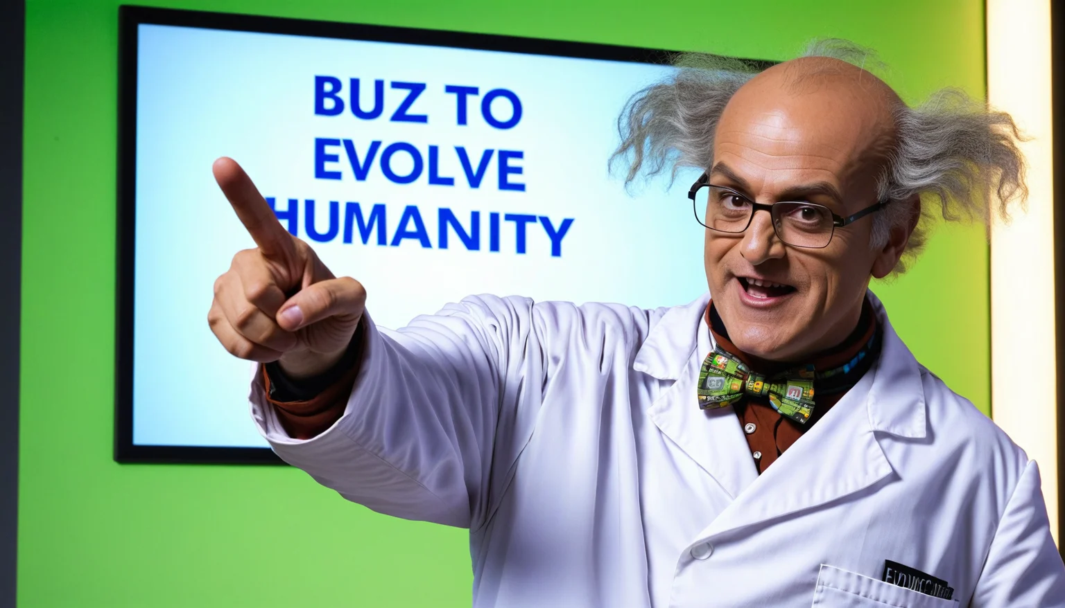 a mad scientist pointing to a sign that says "buzz to evolve humanity"