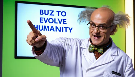 a mad scientist pointing to a sign that says "buzz to evolve humanity"
