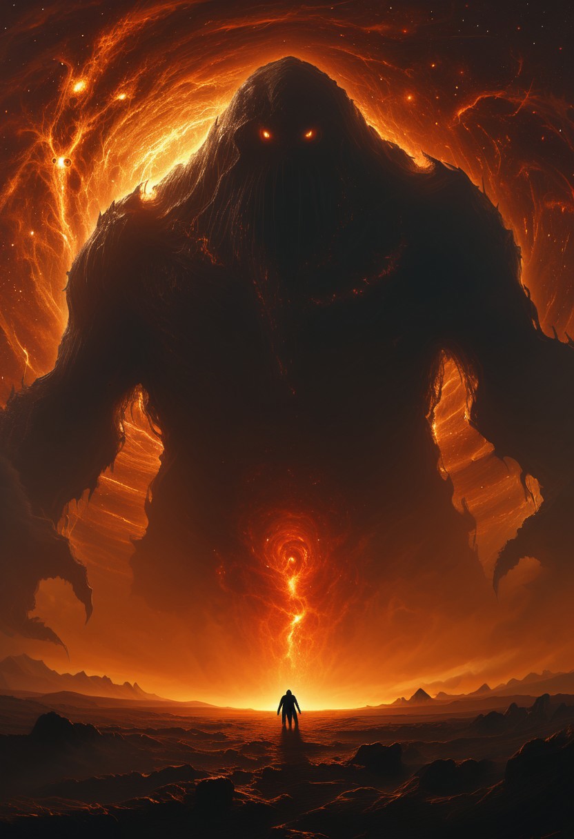 A cinematic digital painting of a colossal, monstrous entity of dark energy looming over Earth. The entity is casting a shadow that engulfs the entire planet. There are silhouettes of figures seemingly trapped in its grasp, emphasizing its immense scale. The entity has glowing orange eyes and a chaotic, turbulent energy field. The background features stars and nebulae. The painting has dramatic lighting and highly detailed textures, creating a sense of overwhelming power and dread, Bosstyle<lora:CyberRealistic_Negative-neg:1>  <lora:detailed_notrigger:1>  <lora:XL_boss_battle:1>