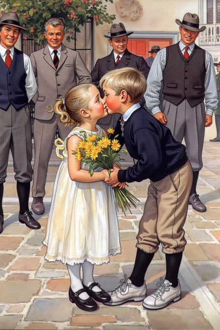 car1ar painting.
A tender moment between a boy and a girl, standing outdoors. The girl, with blonde hair styled in pigtails, wears a sleeveless white dress with a high waistline and a ribbon tied in the back. She holds a bouquet of yellow flowers in her right hand and is kissing the boy on the cheek. The boy, with short, light hair, is dressed in a dark navy sweater, light beige trousers, and white sneakers. He has a slightly shy, happy expression. 
The setting appears to be a cobblestone street with a worn, slightly rough texture.
The men are dressed in formal attire from the 1940s, including suits, ties, and vests.
 <lora:car1ar1_cap_d6a3:1.0><lora:825498912212181208:0>