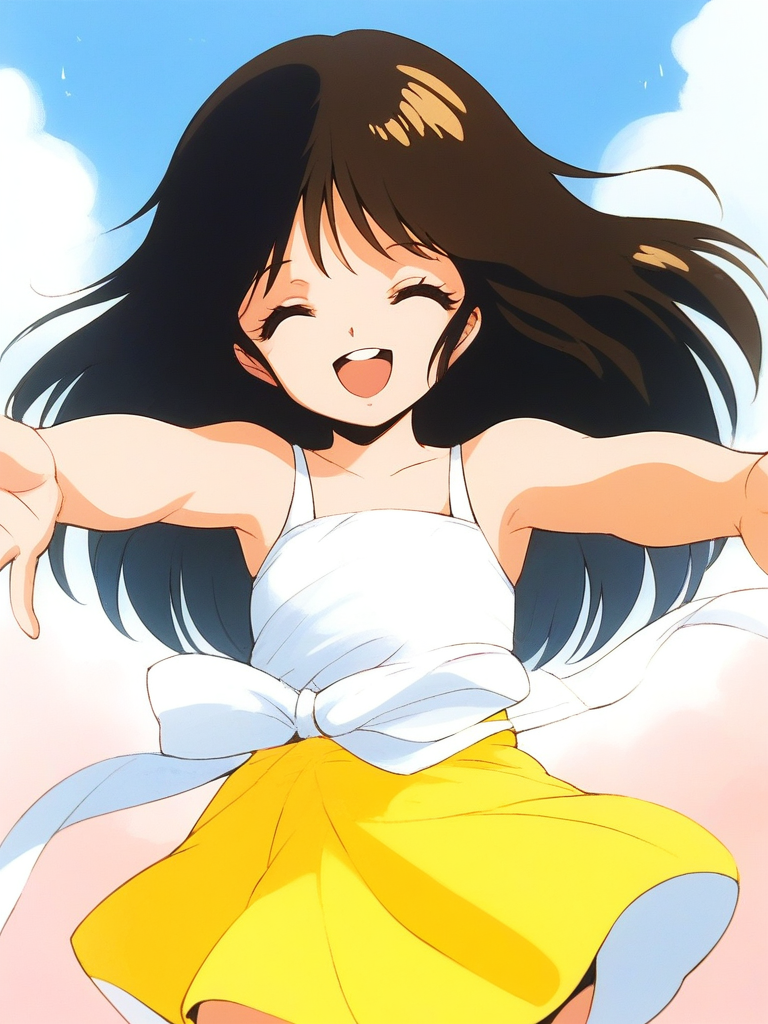 score_9, score_8_up, score_7_up, source_anime, rating_explicit, BREAK  <lora:NonomuraAmi_BeMybaby_Ver2.0_XL:1> NonomuraAmi, long hair, black hair, brown hair, flat chest,, closed eyes, bangs, short stack,
1girl, solo, fruit,   outstretched arms,   sky, smile,  long hair, spread arms, Yellow skirt, white sleeve, sleeveless,
smile, open mouth,
looking at viewer, 
cowboyShot,