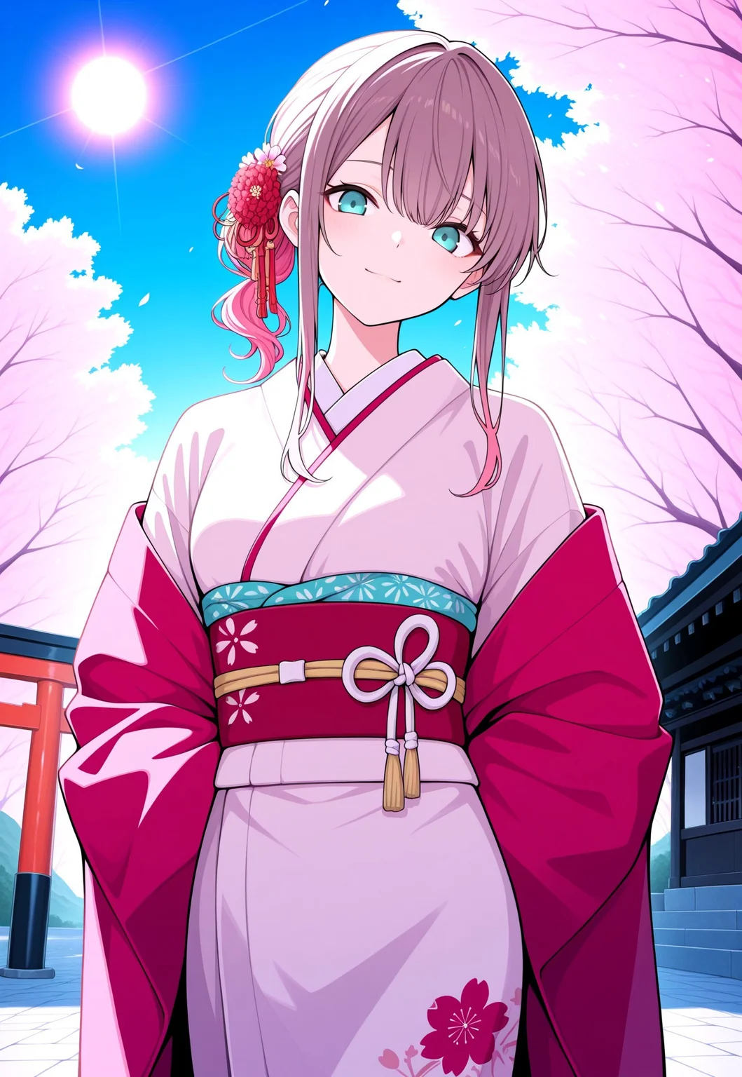 masterpiece, best quality, good quality, very aesthetic, absurdres, newest, 8K, focused subject BREAK 1girl, cowboy shot, outdoors, blue sky, sun, torii, cherry blossoms, brown hair, pink hair, aqua eyes, sidelocks, ar57ny, kimono, japanese clothes, hair flower, slight smile, head tilt, looking at viewer