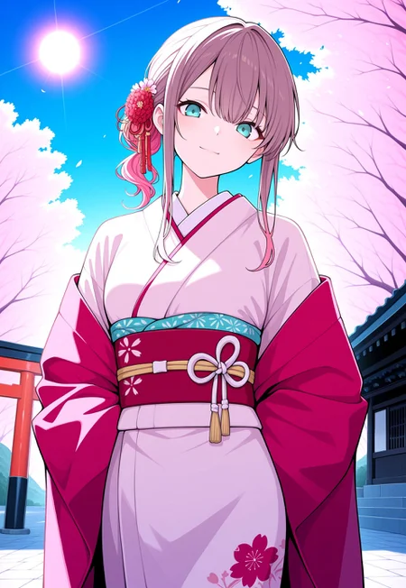 masterpiece, best quality, good quality, very aesthetic, absurdres, newest, 8K, focused subject BREAK 1girl, cowboy shot, outdoors, blue sky, sun, torii, cherry blossoms, brown hair, pink hair, aqua eyes, sidelocks, ar57ny, kimono, japanese clothes, hair flower, slight smile, head tilt, looking at viewer