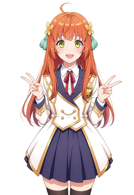 masterpiece,best quality,amazing quality,
<lora:NoobV065sHyperDmd:.5>,
1girl, solo, orange hair, green eyes, long hair, hair flower, ahoge, neck ribbon, red ribbon, pleated skirt, white shirt, collared shirt, white jacket, gold trim, blue skirt, black thighhighs, <lora:kohana_aigasaki_meipaws:1>,
white background, smile, cowboy shot, simple background, looking at viewer, standing, double v, :d,