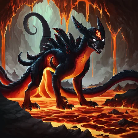 salamander, white eyes, feral, beast, magma skin, lava skin, swimming in lava, cavern, lava falls, split tail, multiple tails, looking at viewer, sharp teeth, angry, <lora:ral-lava-sdxl-v2:0.45>, ral-lav, 8k, photorealism, hyper highres, absurdres, photo, drip, fire hair, flame, <lora:StS_detail_slider_v1:1.2>, submerged, high definition, intricate, detailed, photorealistic, cg, unreal engine, masterpiece, lava waves, lava splash, spikes, fauna, claws,, score_9, score_8_up, score_7_up, score_6_up, score_5_up, score_4_up,, rating_safe,