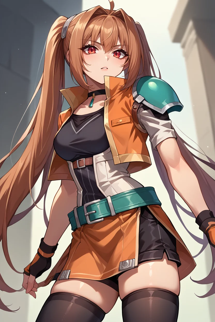score_9, score_8_up, source_7_up, source_anime, BREAK 1girl <lora:estelle-pdxl-nvwls-v1:1> senEstelle, twintails, single shoulder pad, choker, orange jacket, black shirt, miniskirt, side slit, green belt, black gloves, black shorts, shorts under skirt, black thighhighs, thick thighs