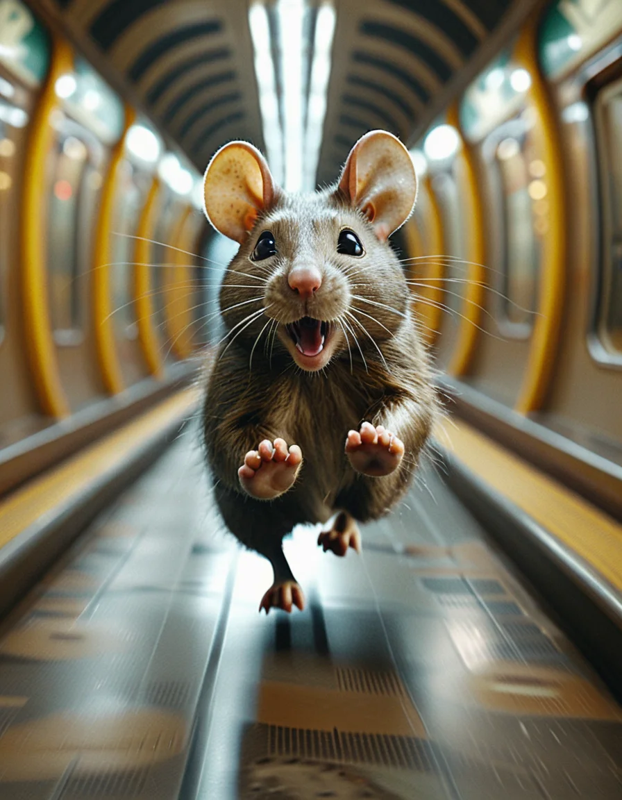 cinematic still midjourneylora, giant rat, running trough subway . emotional, harmonious, vignette, 4k epic detailed, shot on kodak, 35mm photo, sharp focus, high budget, cinemascope, moody, epic, gorgeous, film grain, grainy, cinematic still midjourneylora, giant rat, running trough subway . emotional, harmonious, vignette, highly detailed, high budget, bokeh, cinemascope, moody, epic, gorgeous, film grain, grainy