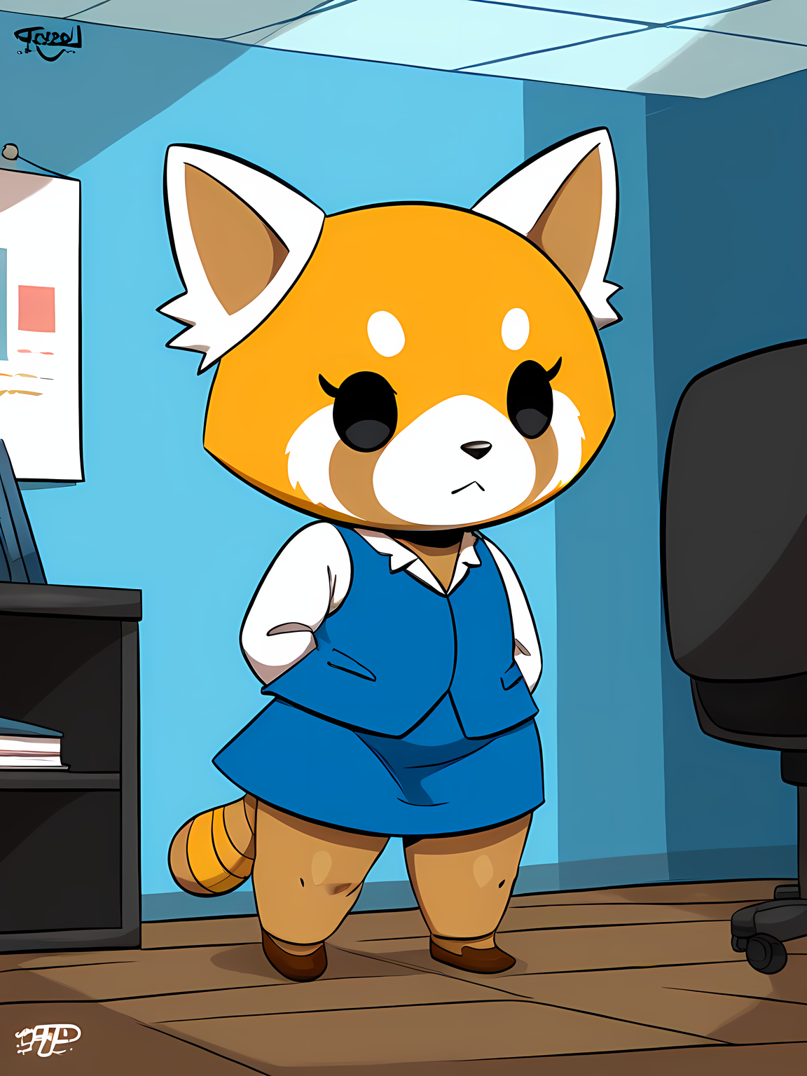 masterpiece, score_9, score_8_up, score_7_up, score_6_up, shiny skin, joao, joaoppereiraus, office, source_furry, source_anime,  2023, detailed face,  (absurd res:1.1), hi res, <lora:Joaoppereiraus_Style_Pony_XL:1>, retsuko, dress shirt, black eyes,  <lora:retusko:.75>, photo of retusko