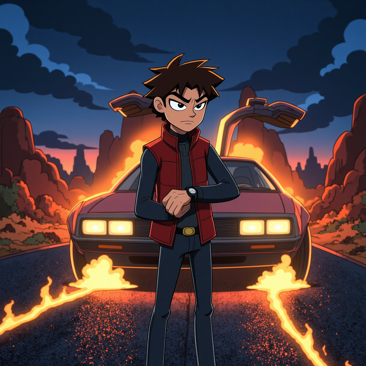 back to the future,A dynamic, cinematic composition featuring a young protagonist standing in a dramatic pose, adjusting his wristwatch with a sense of urgency. The figure is dressed in iconic 1980s attire, including a red puffer vest layered over denim, and stands against a vivid twilight sky transitioning from deep blue to fiery orange. Behind him, a futuristic car with gull-wing doors ajar emits a radiant, otherworldly glow, suggesting advanced technology or a time-travel motif. Flames streak across the asphalt road, forming parallel tracks that add motion and intensity, leading directly toward the car. The interplay of light, fire, and the character's determined expression evokes themes of adventure, innovation, and the extraordinary.