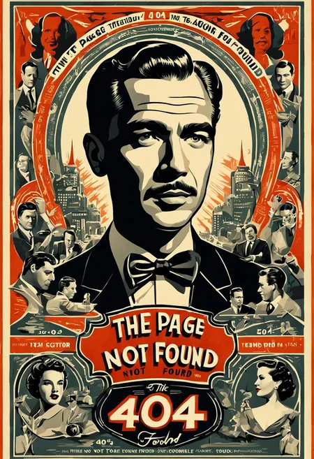 (best quality:1.5), (detailed face, detailed eyes, detailed mouth, detailed body, detailed hands, detailed clothes, detailed background:1.5), (symmetrical intricate details + sharpen symmetrical details) | (50s action movie poster:1.5) with the title of ((("404 the page not found" text logo:1.5))), TEXT LOGO