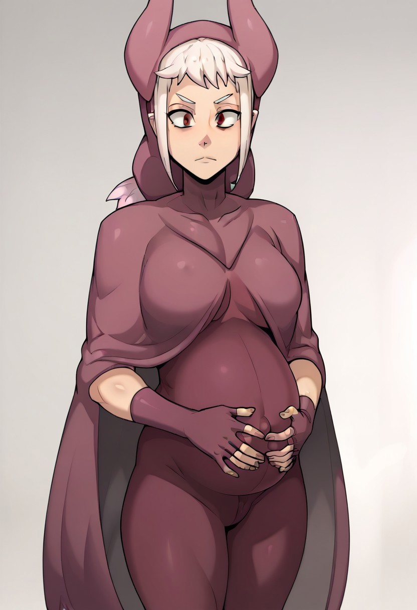 score_9, score_8_up, score_7_up, large breasts, 1girl, solo, pregnant, norawakfu, white hair, purple eyes, hood, horns, hood, horns, cloak, fingerless elbow gloves, bodysuit, cape,  standing, holding belly, white background,