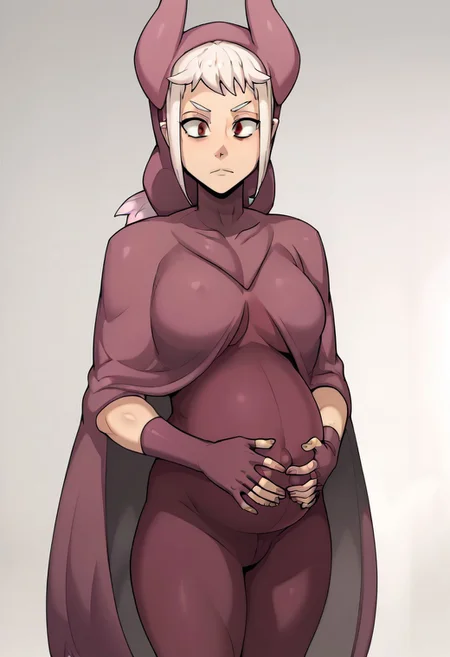 score_9, score_8_up, score_7_up, large breasts, 1girl, solo, pregnant, norawakfu, white hair, purple eyes, hood, horns, hood, horns, cloak, fingerless elbow gloves, bodysuit, cape, standing, holding belly, white background,