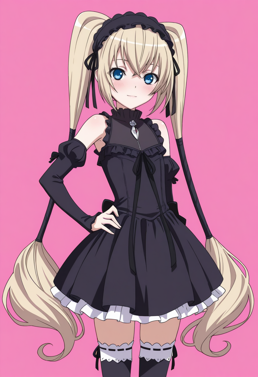 masterpiece, best quality,
1girl, solo, cowboy shot,
standing, hand on own hips,
looking at viewer, blush, light smile,
<lora:Ekaterina_Kurae:1> 3k4t3r1n4K0r43, twintails, very long hair, blue eyes, blonde hair, 
thighhighs, zettai ryouiki, hairband, black dress, bare shoulders, detached sleeves, 
pink background, simple background,