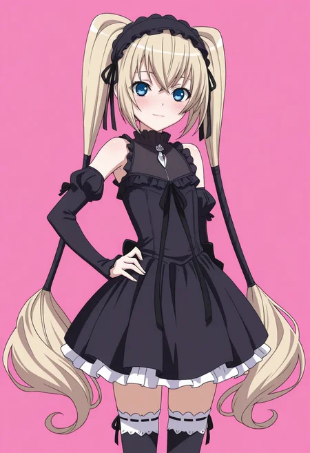 masterpiece, best quality,
1girl, solo, cowboy shot,
standing, hand on own hips,
looking at viewer, blush, light smile,
<lora:Ekaterina_Kurae:1> 3k4t3r1n4K0r43, twintails, very long hair, blue eyes, blonde hair,
thighhighs, zettai ryouiki, hairband, black dress, bare shoulders, detached sleeves,
pink background, simple background,