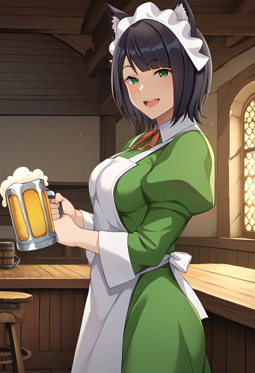 Chloe_Rollo, black hair, medium hair, cat ears, green eyes, hostess maid uniform, green dress, whte apron, puffy sleeves, maid headdress, neck ribbon, , BREAK indoors, medieval, tavern, BREAK looking at viewer, sexy face, sexy smile, open mouth, cowboy shot, standing, medieval beer mug, from side, looking at side,  BREAK score_9, score_8_up, score_7_up, source_anime ,zPDXL, perfect hand,  <lora:Chloe_Rollo:0.8>